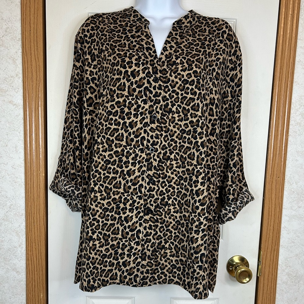 Mario Serrani Animal Print Tunic Blouse XL Brown Black Roll Tab